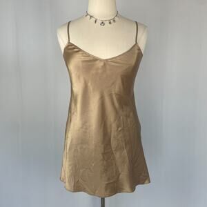 Short Chemise Size Large Gold Metallic Satin Mesh Back Lingerie Mini Slip Dress